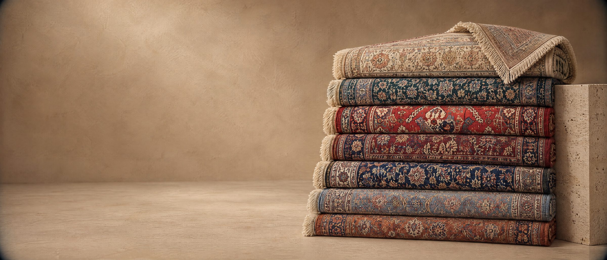 A stack of folded hand-knotted rugs beside a travertine block (illustration)