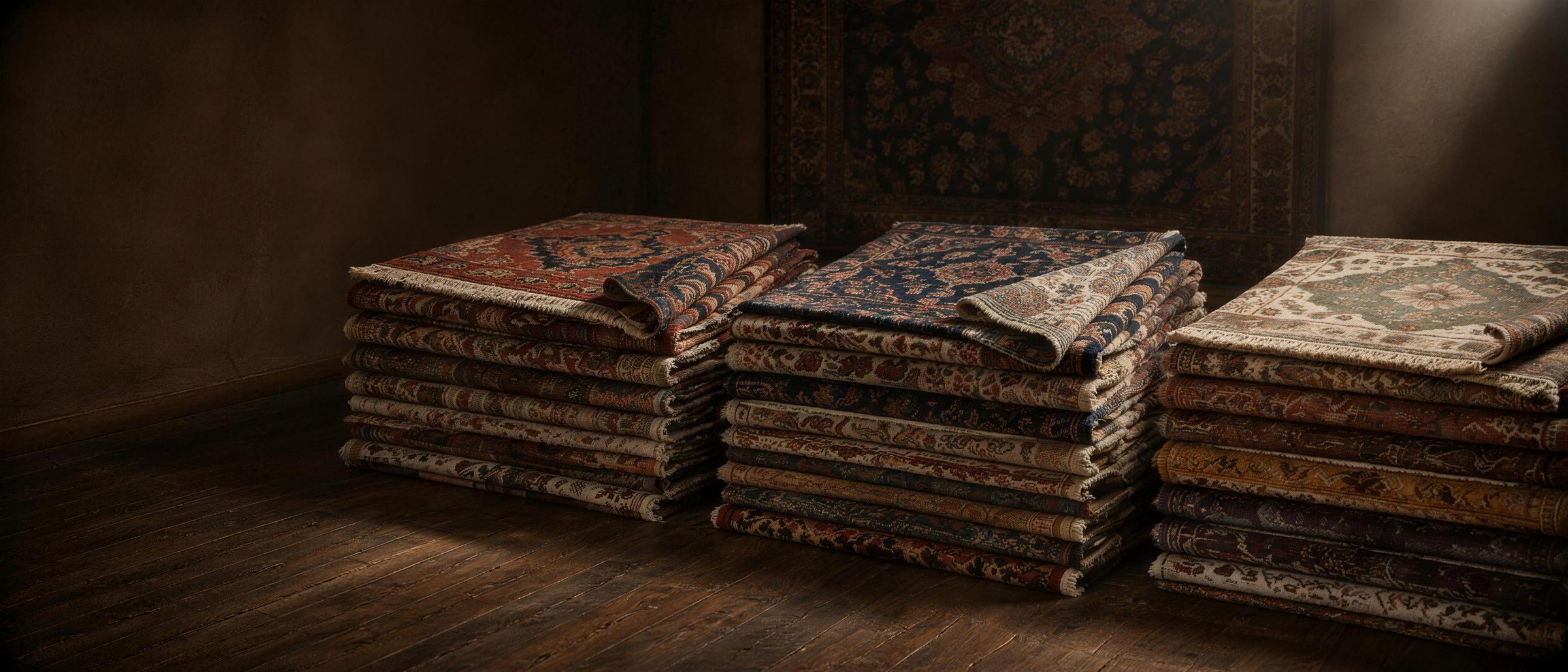 Stacks of hand-knotted rugs with their corners turned back