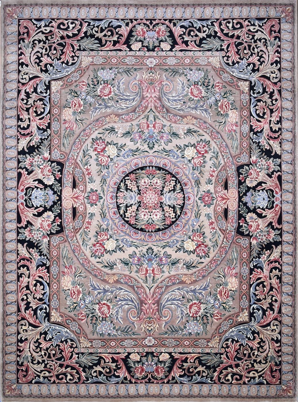 Aubusson Chateau Taupe & Black, 8′9″ × 12′1″, from the Shalimar collection