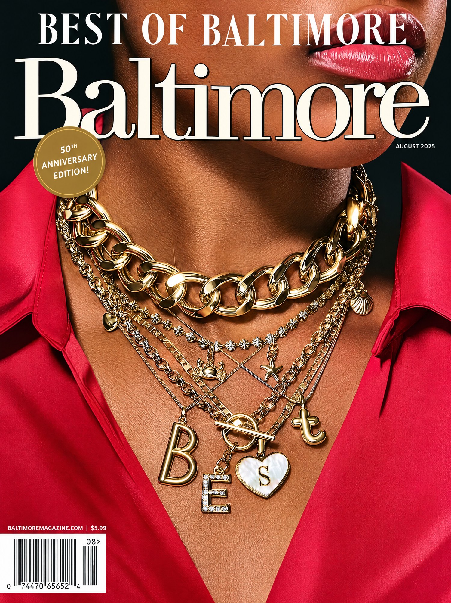 The cover of Baltimore magazine, August 2025: Best of Baltimore, 50th anniversary edition