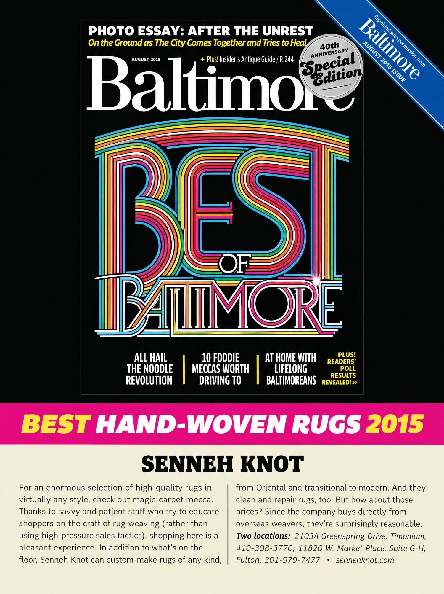Senneh Knot, Best of Baltimore 2015: Hand-Woven Rugs, in Baltimore magazine