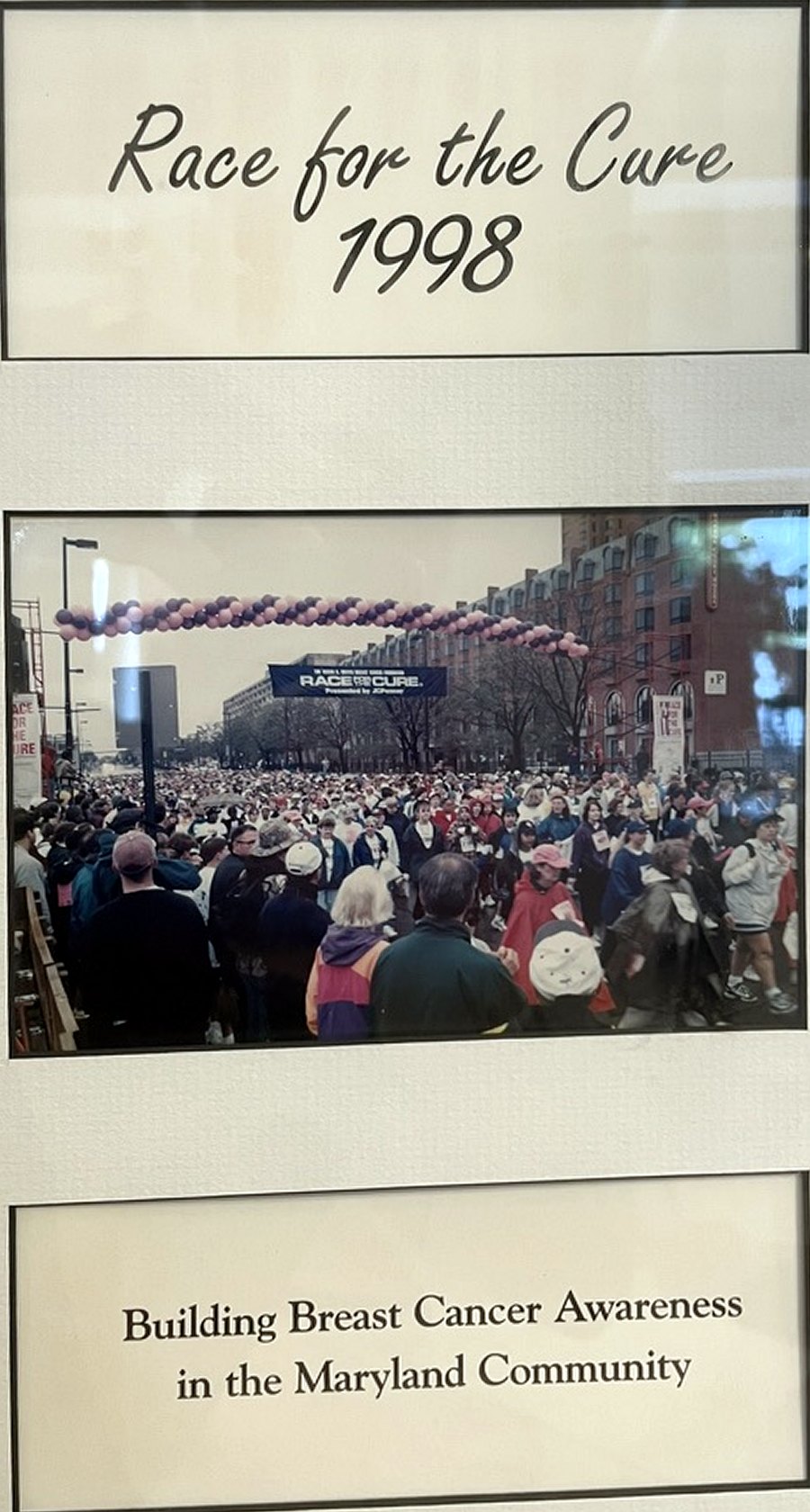 Race for the Cure 1998, framed with a photograph of the start line in Baltimore