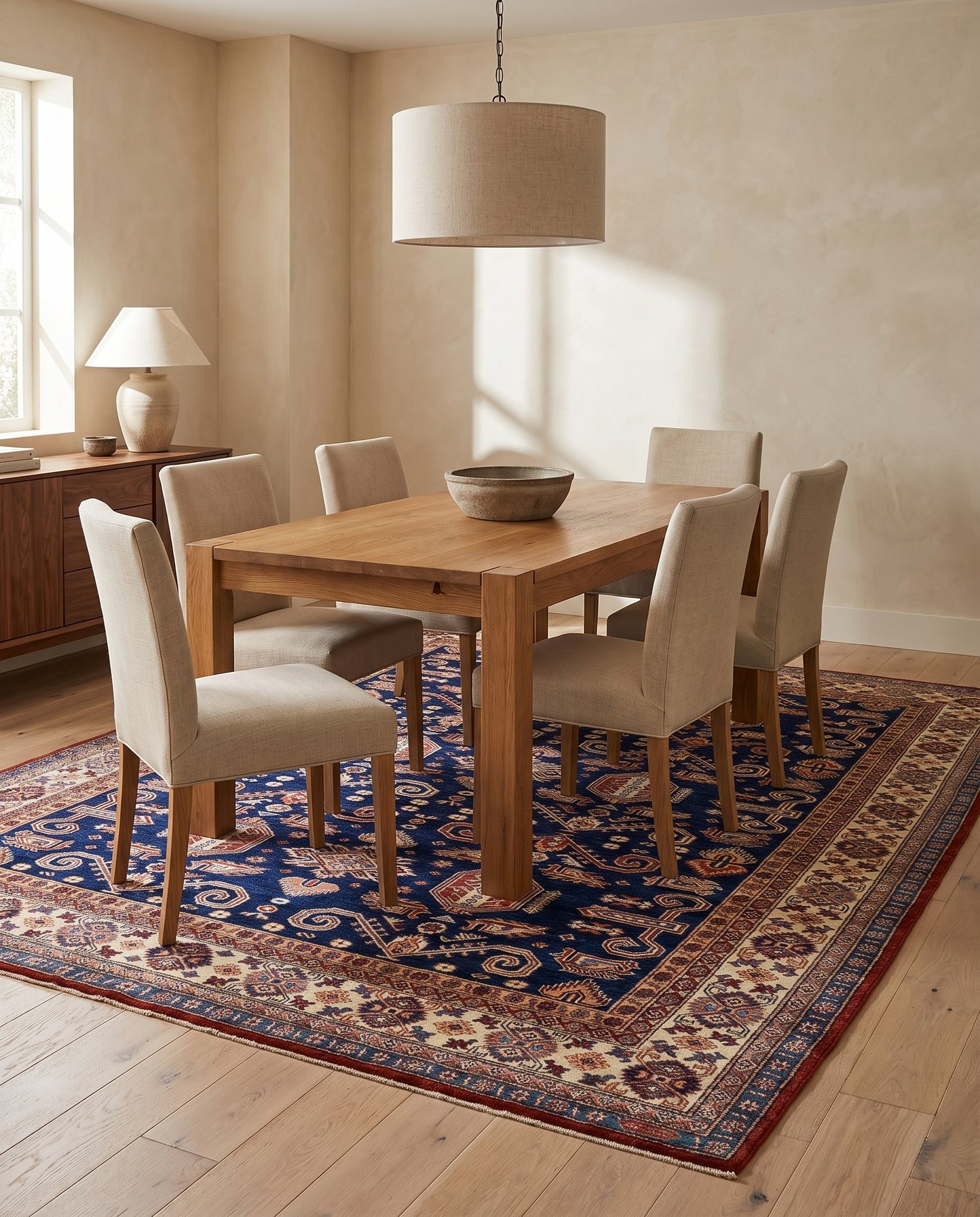 A dining room styled with a Super Kazak rug from Senneh Knot