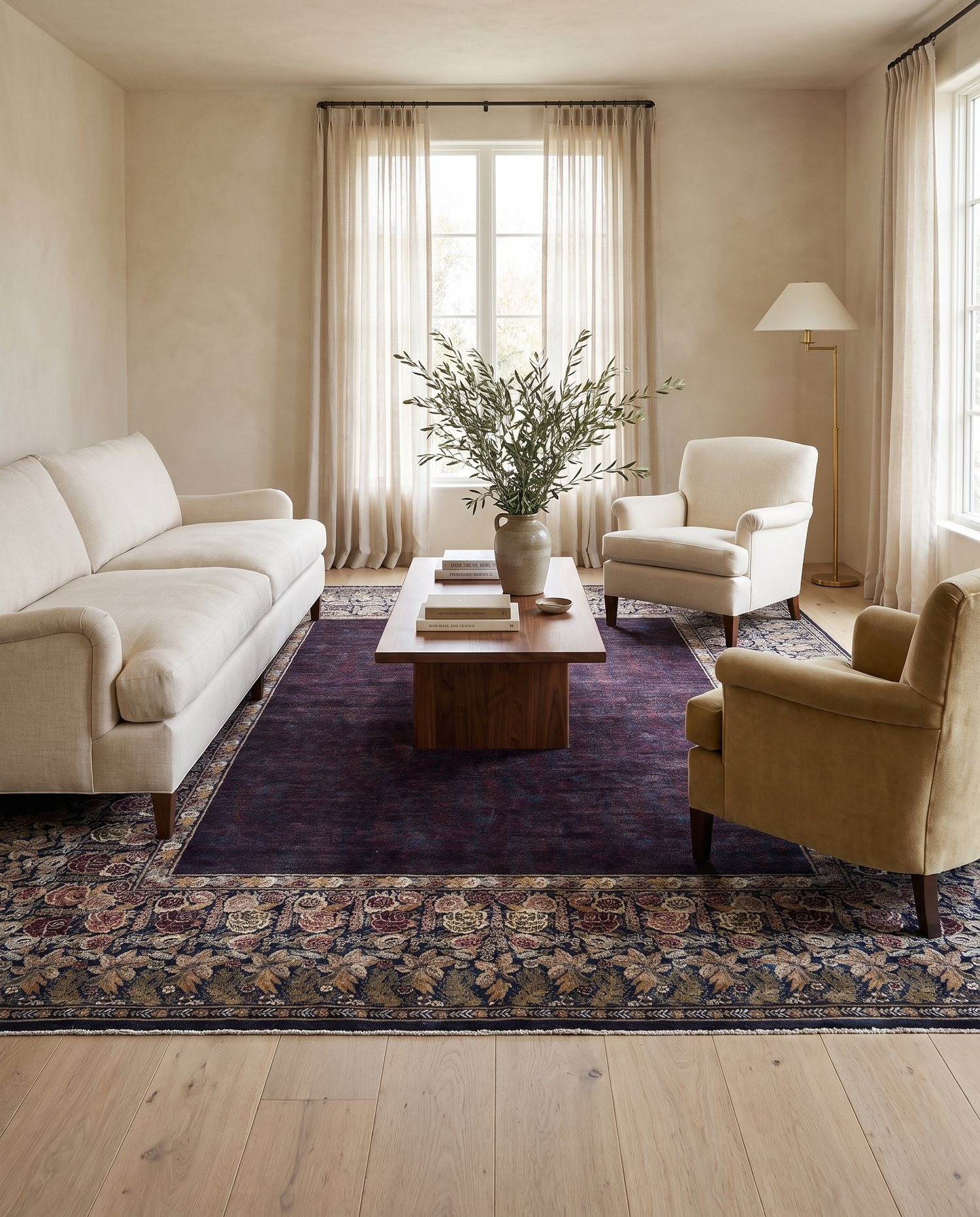A living room styled with the Floral Plum / Slate rug, 9′1″ × 11′0″, from Senneh Knot